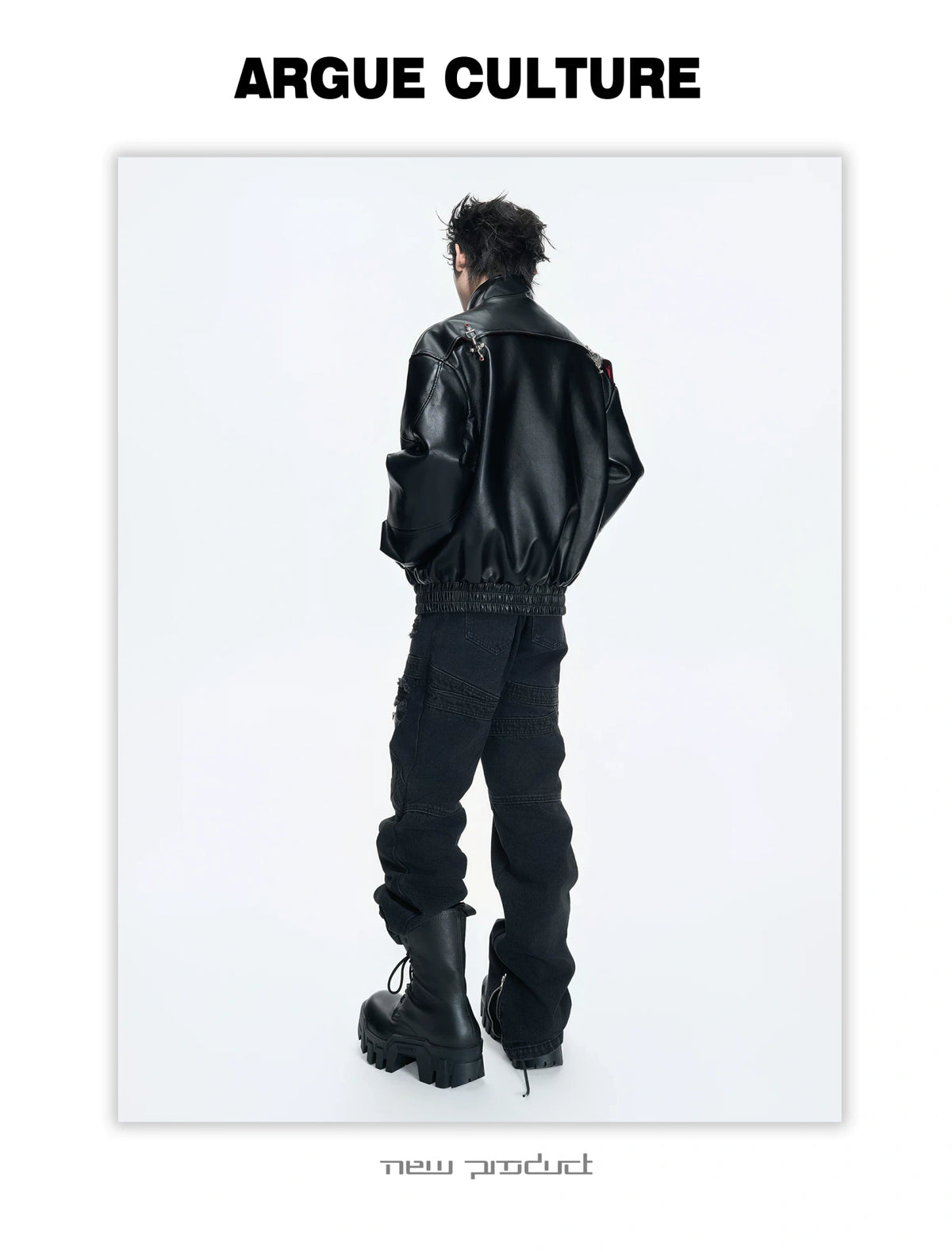 Black Faux Leather Flight Buckle Stand Collar Jacket - detail image 2