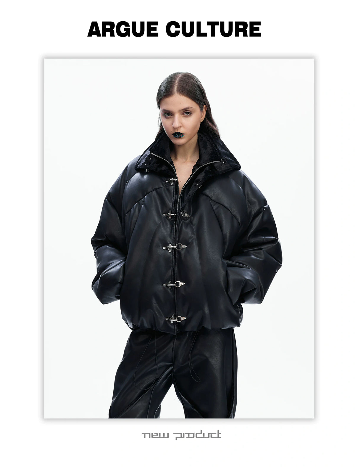 Black Faux Leather Hooded Padded Jacket | Layered - detail image 3