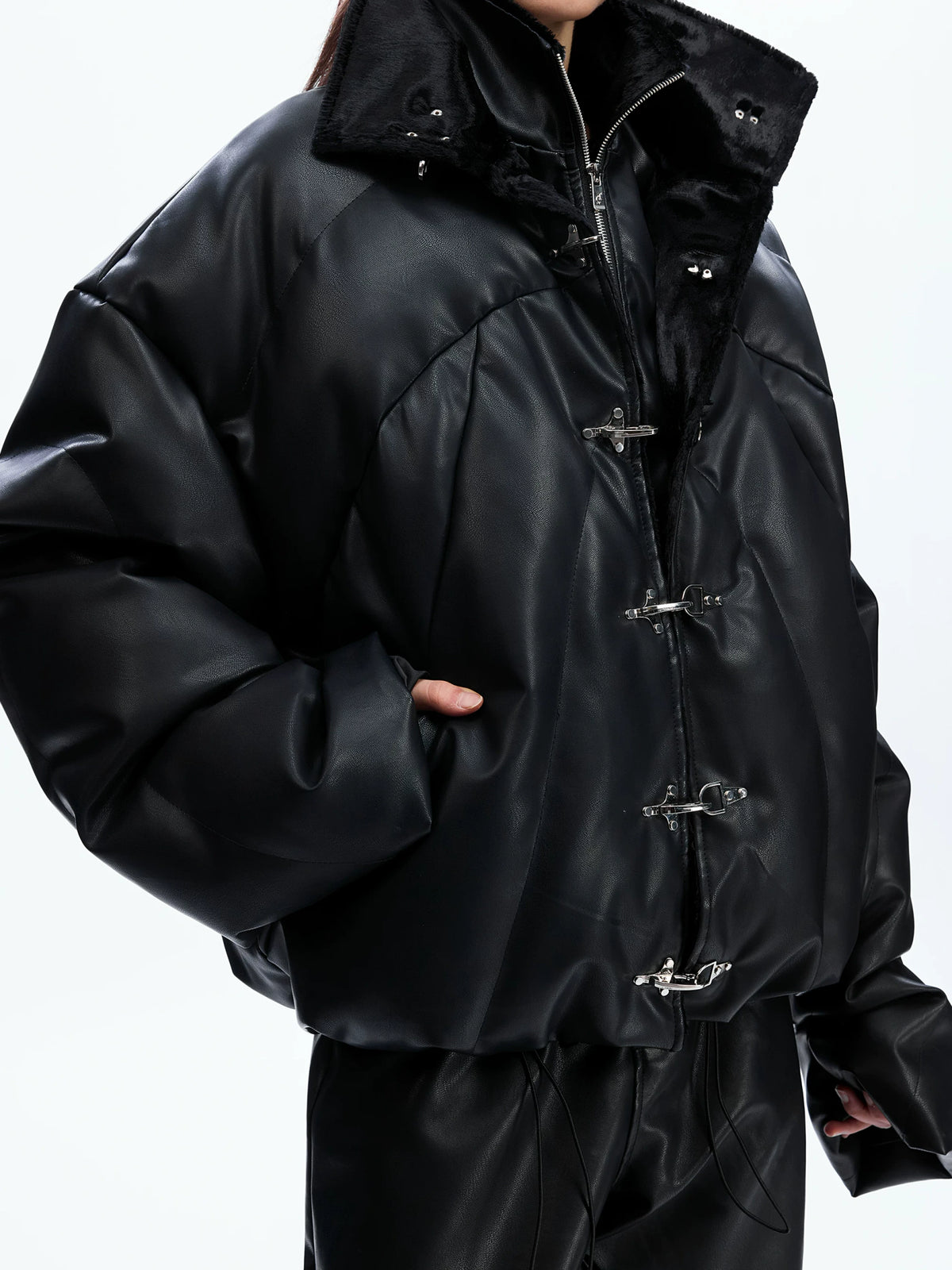 Black Faux Leather Hooded Padded Jacket | Layered - main image 3