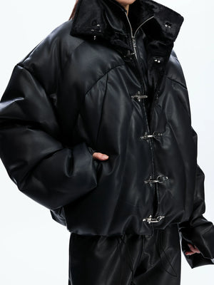 Black Faux Leather Hooded Padded Jacket | Layered - main image 3