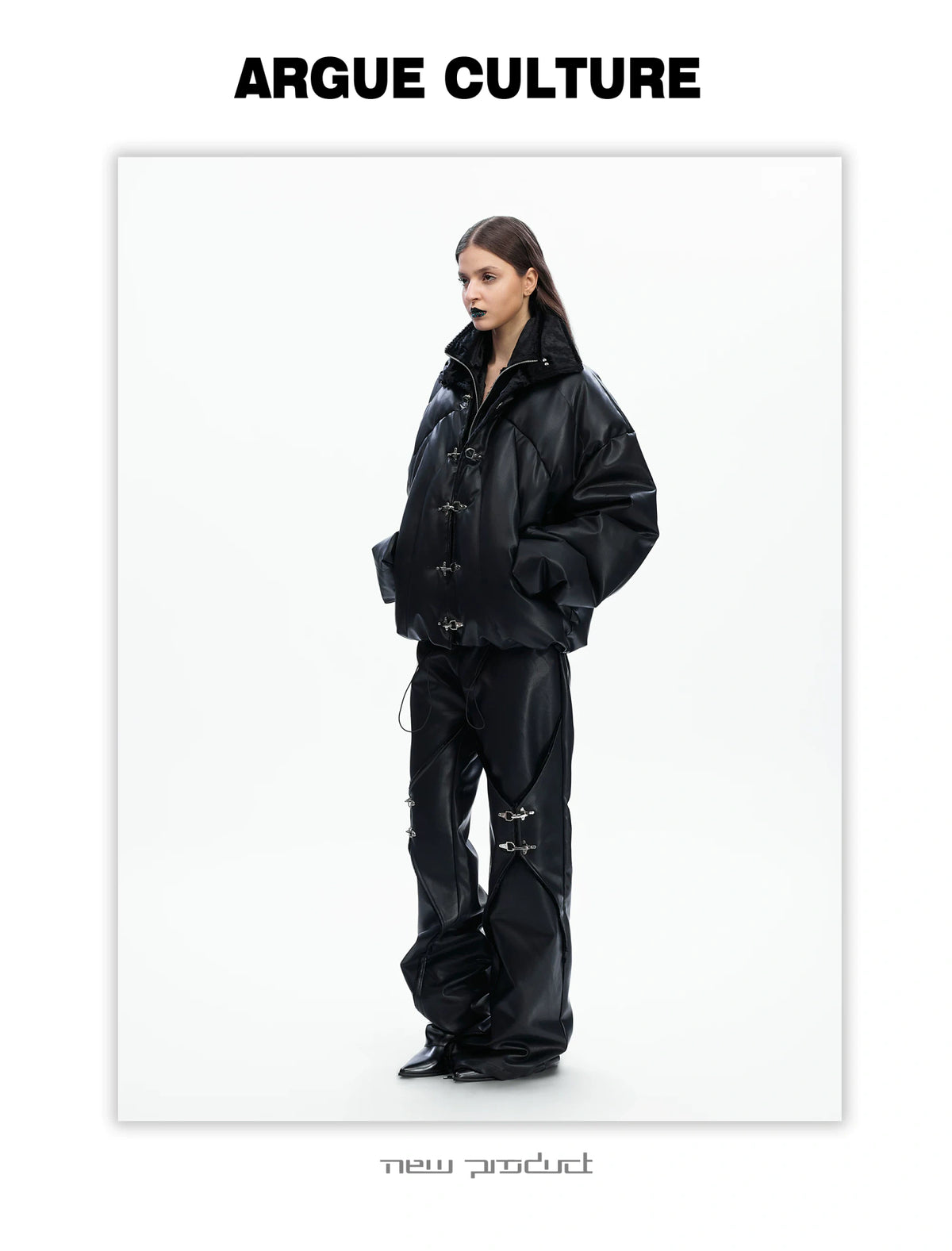 Black Faux Leather Hooded Padded Jacket | Layered - detail image 4