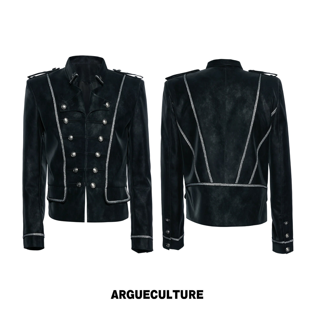 Black Faux-Leather Military Jacket with Silver Trim - Jet Black