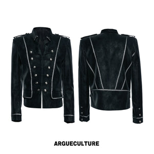Black Faux-Leather Military Jacket with Silver Trim - Jet Black