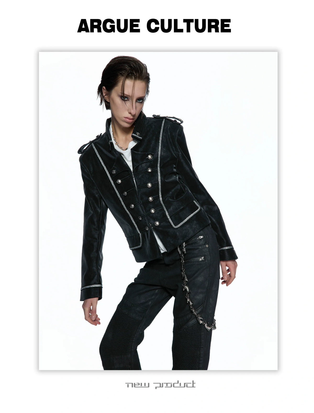Black Faux-Leather Military Jacket with Silver Trim - detail image 7
