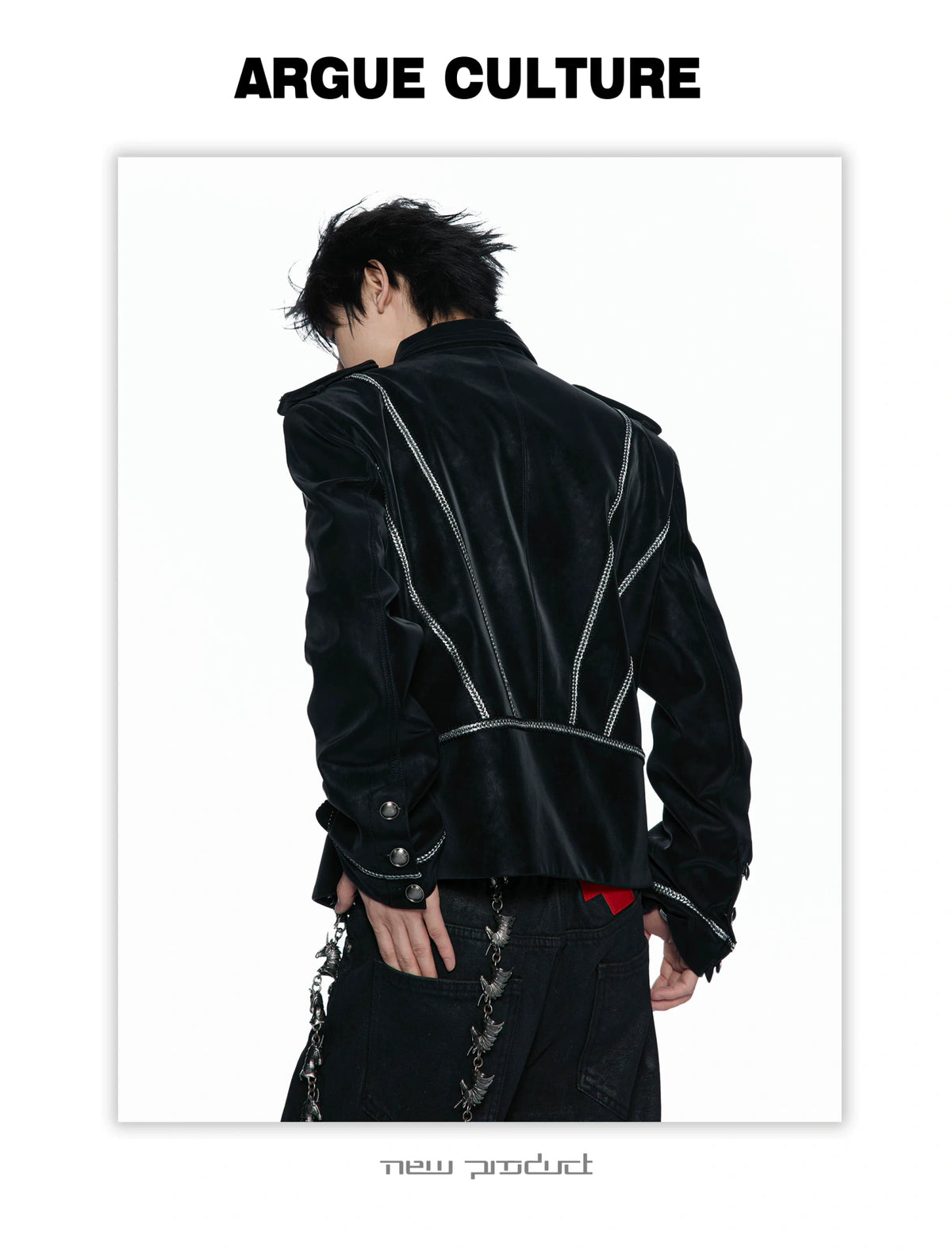 Black Faux-Leather Military Jacket with Silver Trim - detail image 6