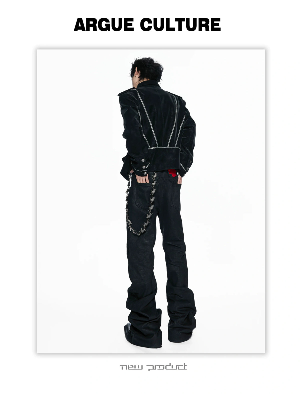 Black Faux-Leather Military Jacket with Silver Trim - detail image 8