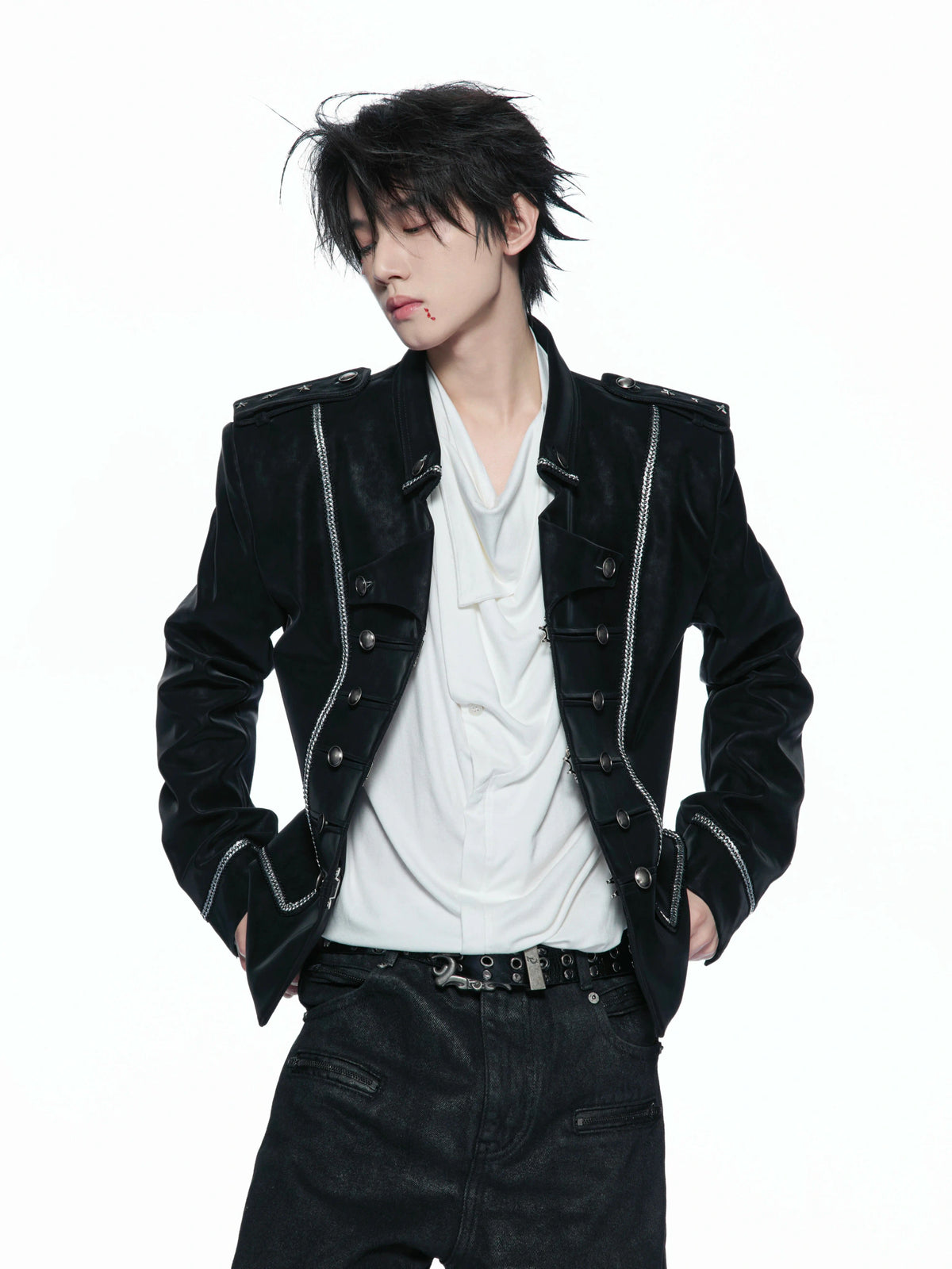 Black Faux-Leather Military Jacket with Silver Trim - main image 1