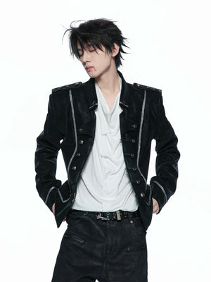 Black Faux-Leather Military Jacket with Silver Trim - main image 1