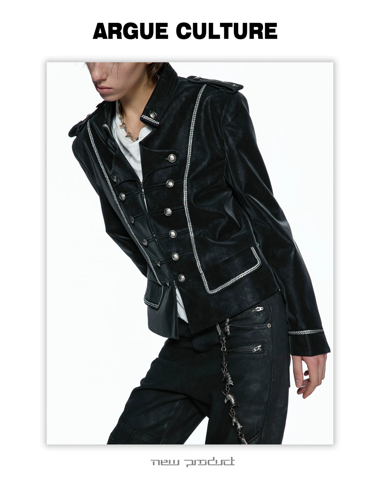 Black Faux-Leather Military Jacket with Silver Trim - detail image 4
