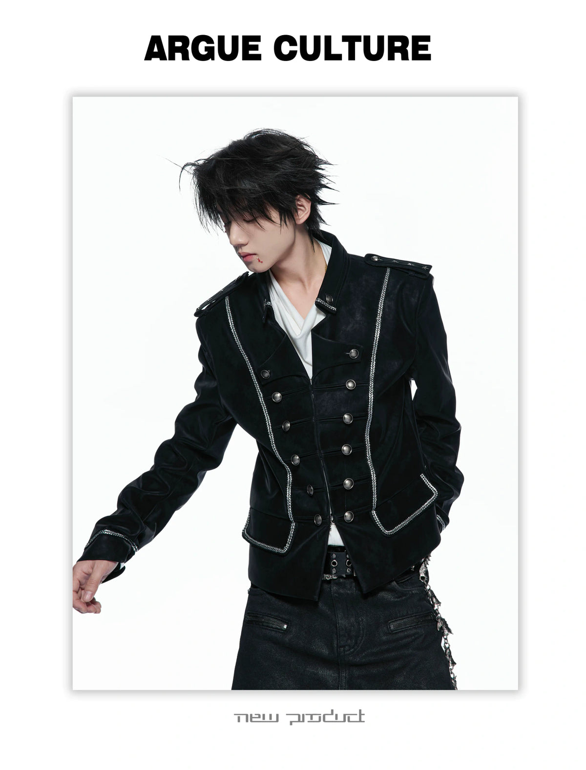 Black Faux-Leather Military Jacket with Silver Trim - detail image 3