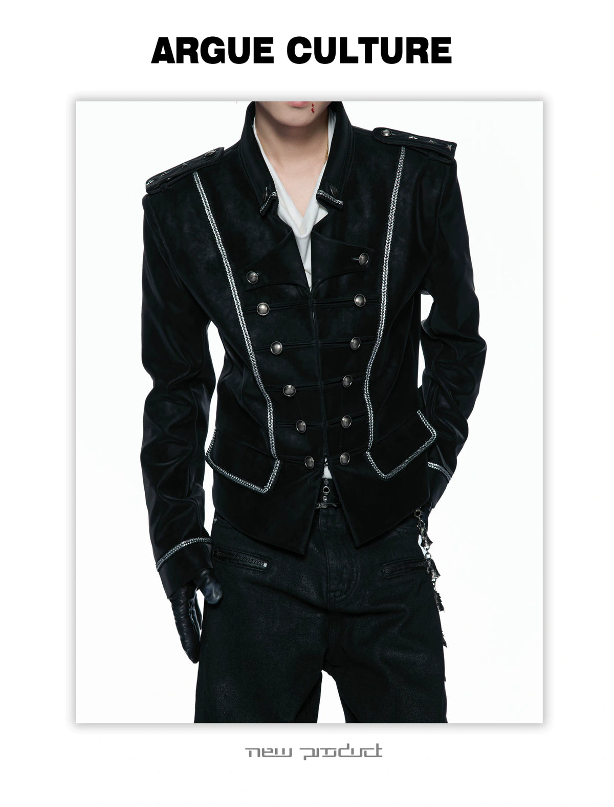 Black Faux-Leather Military Jacket with Silver Trim - detail image 5
