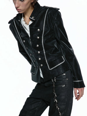 Black Faux-Leather Military Jacket with Silver Trim - main image 4