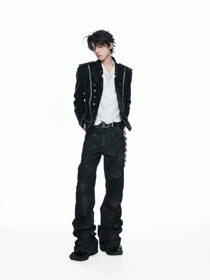 Black Faux-Leather Military Jacket with Silver Trim - main image 3