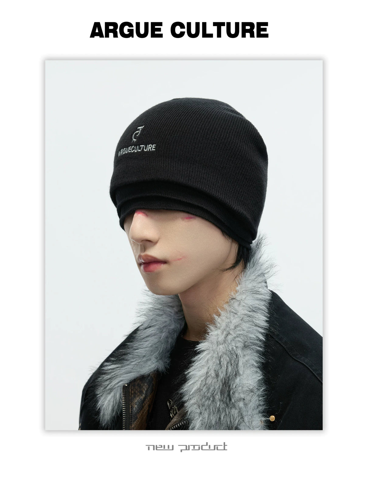 Black Faux Three-Layer Cotton-Wool Knit Beanie Hat - detail image 3