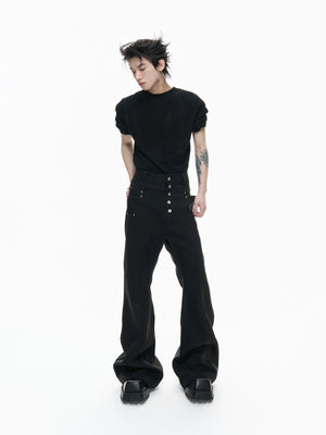 Black High-Waist Draped Metal-Detail Tailored Pants - main image 3