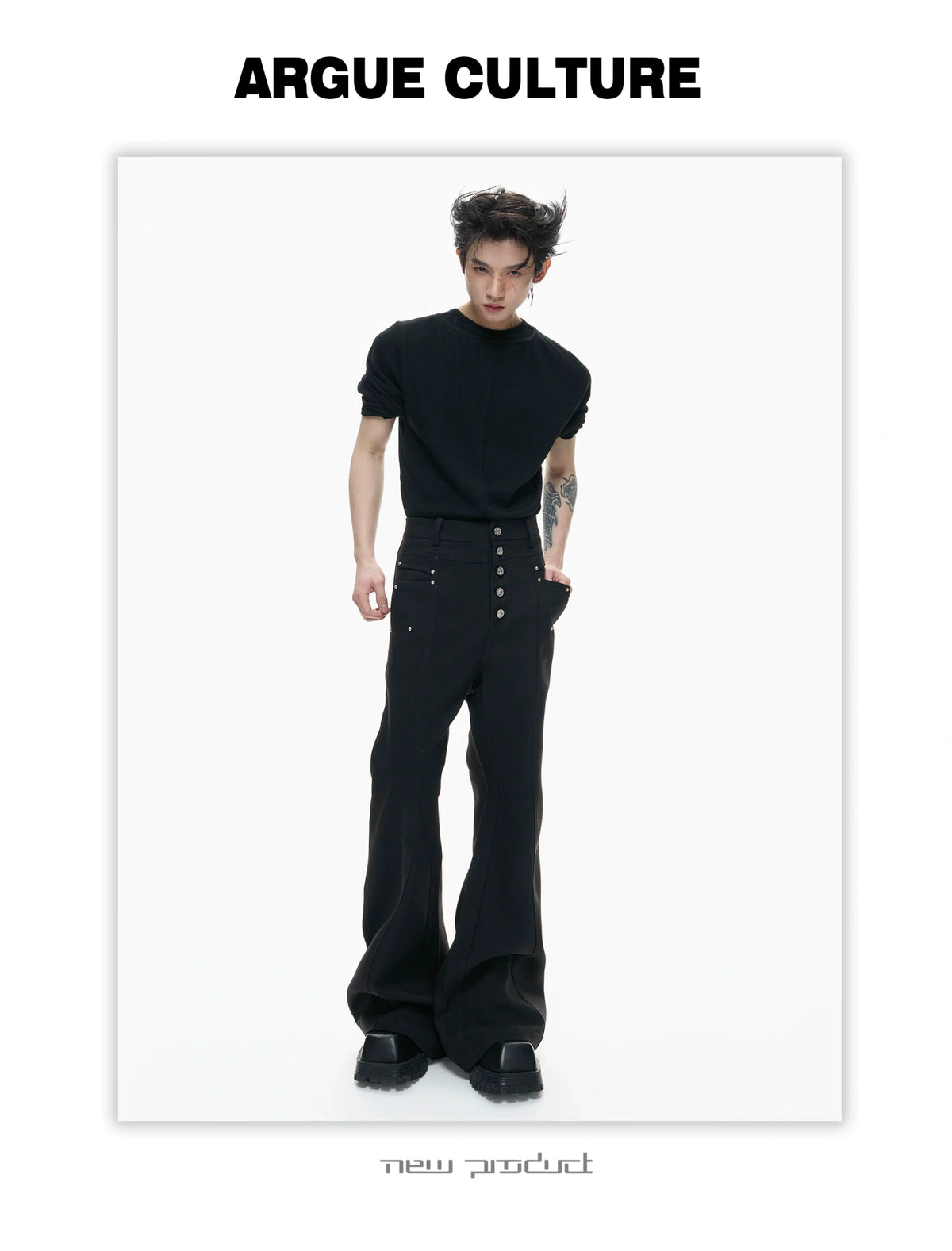 Black High-Waist Draped Metal-Detail Tailored Pants - detail image 8
