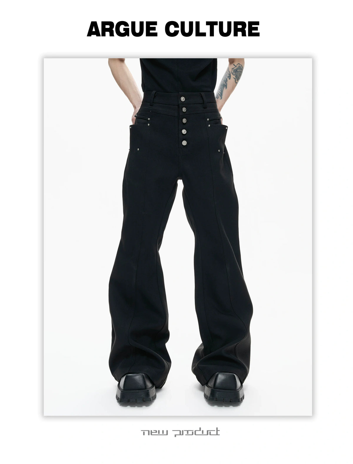 Black High-Waist Draped Metal-Detail Tailored Pants - detail image 4