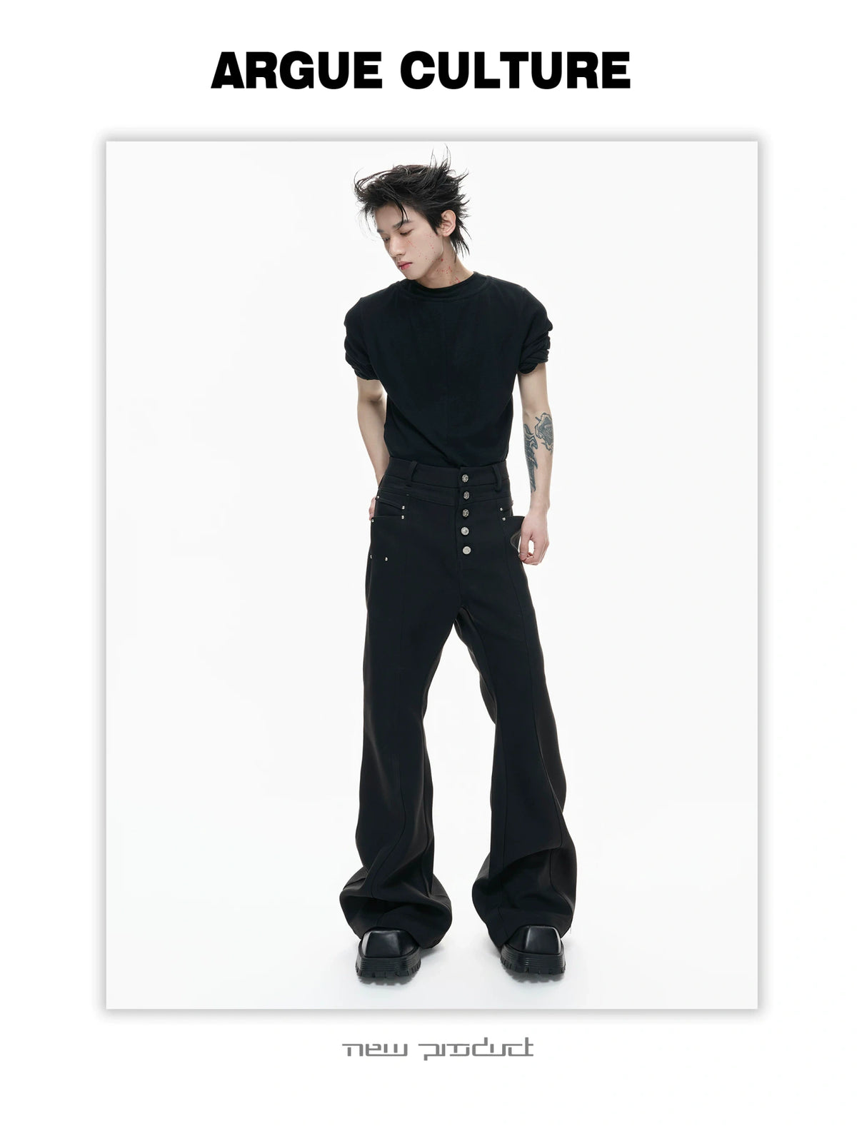 Black High-Waist Draped Metal-Detail Tailored Pants - detail image 9