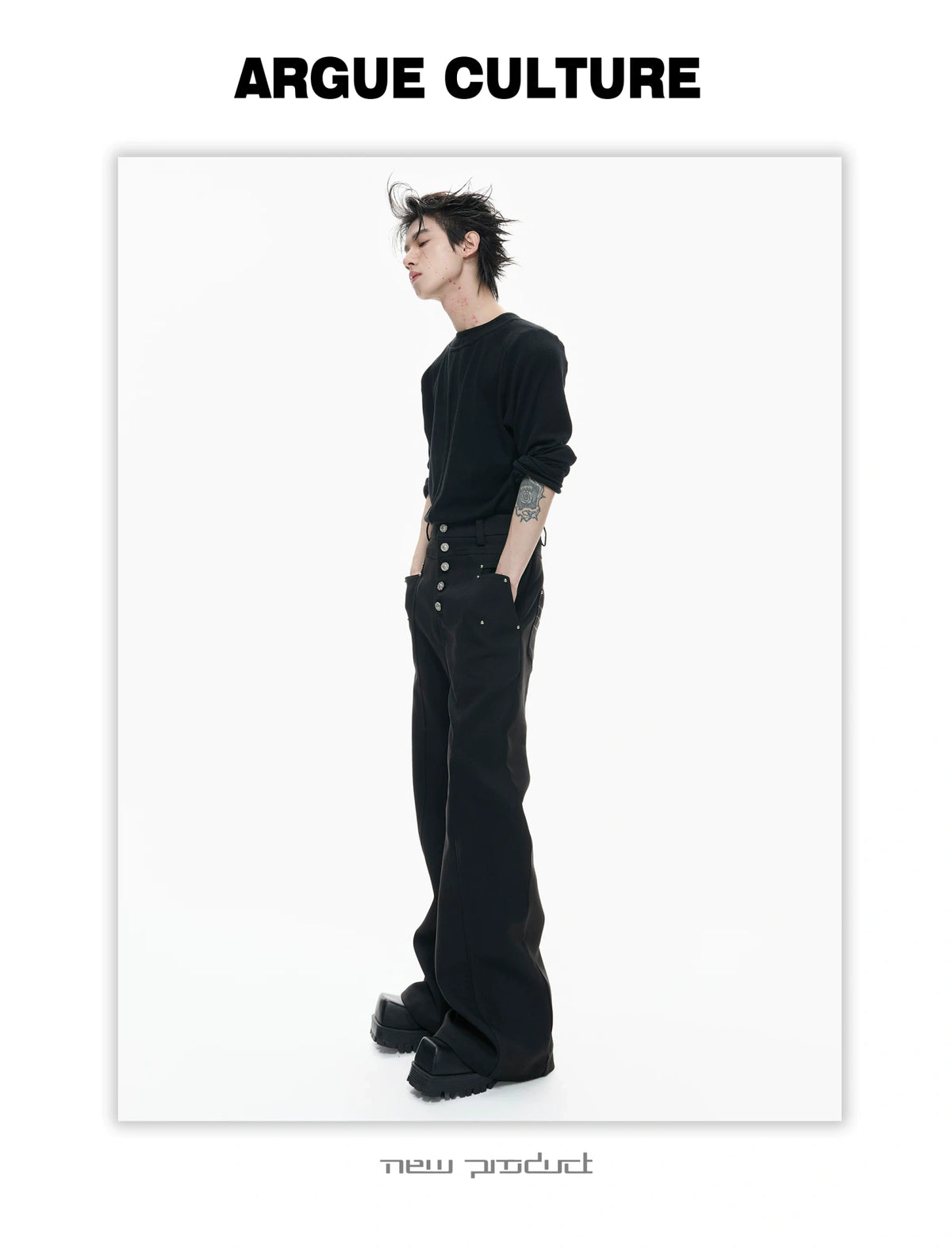 Black High-Waist Draped Metal-Detail Tailored Pants - detail image 10