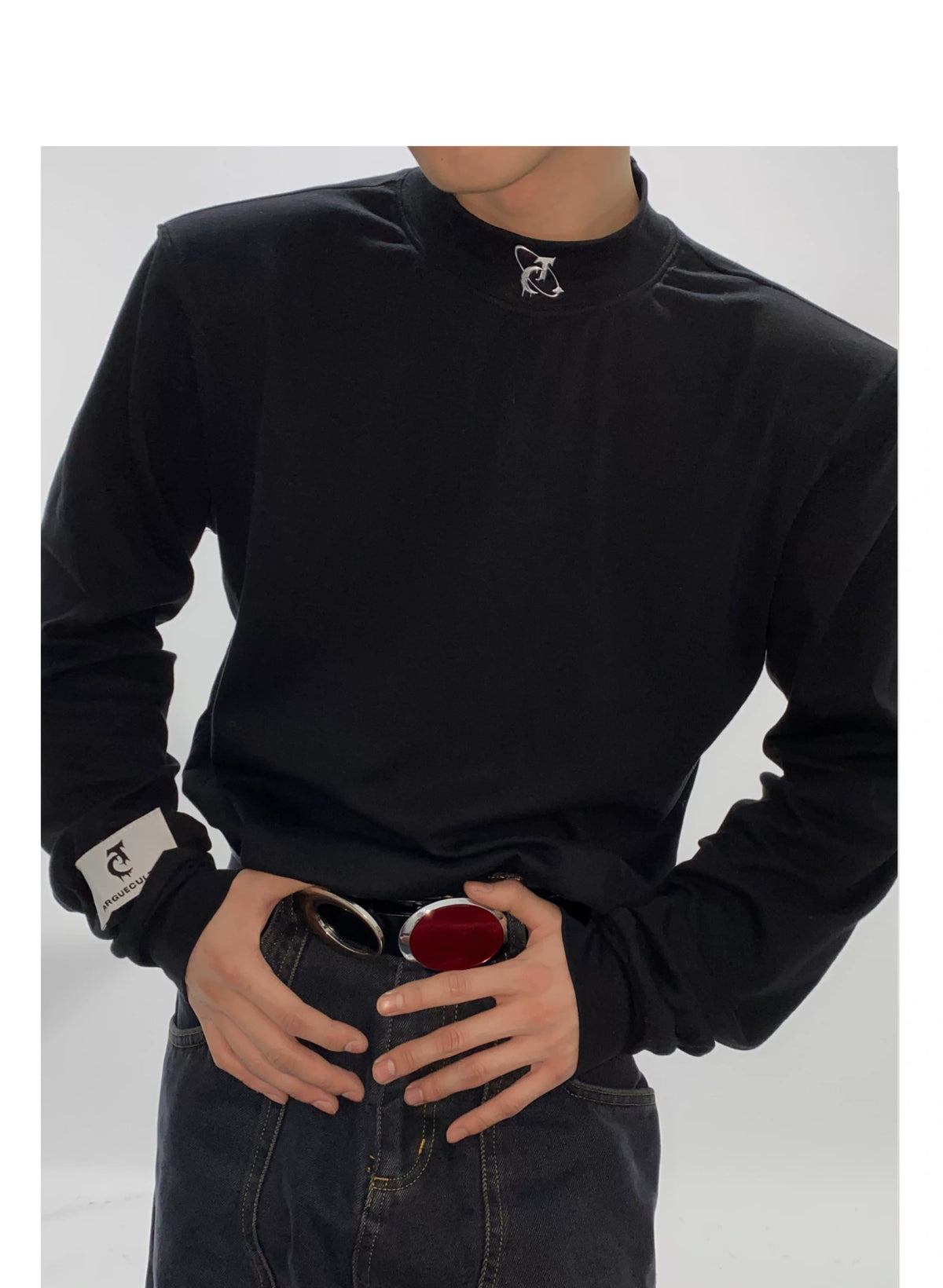 Black Mock-Neck Logo Long-Sleeve T-Shirt | Cotton Blend - detail image 7