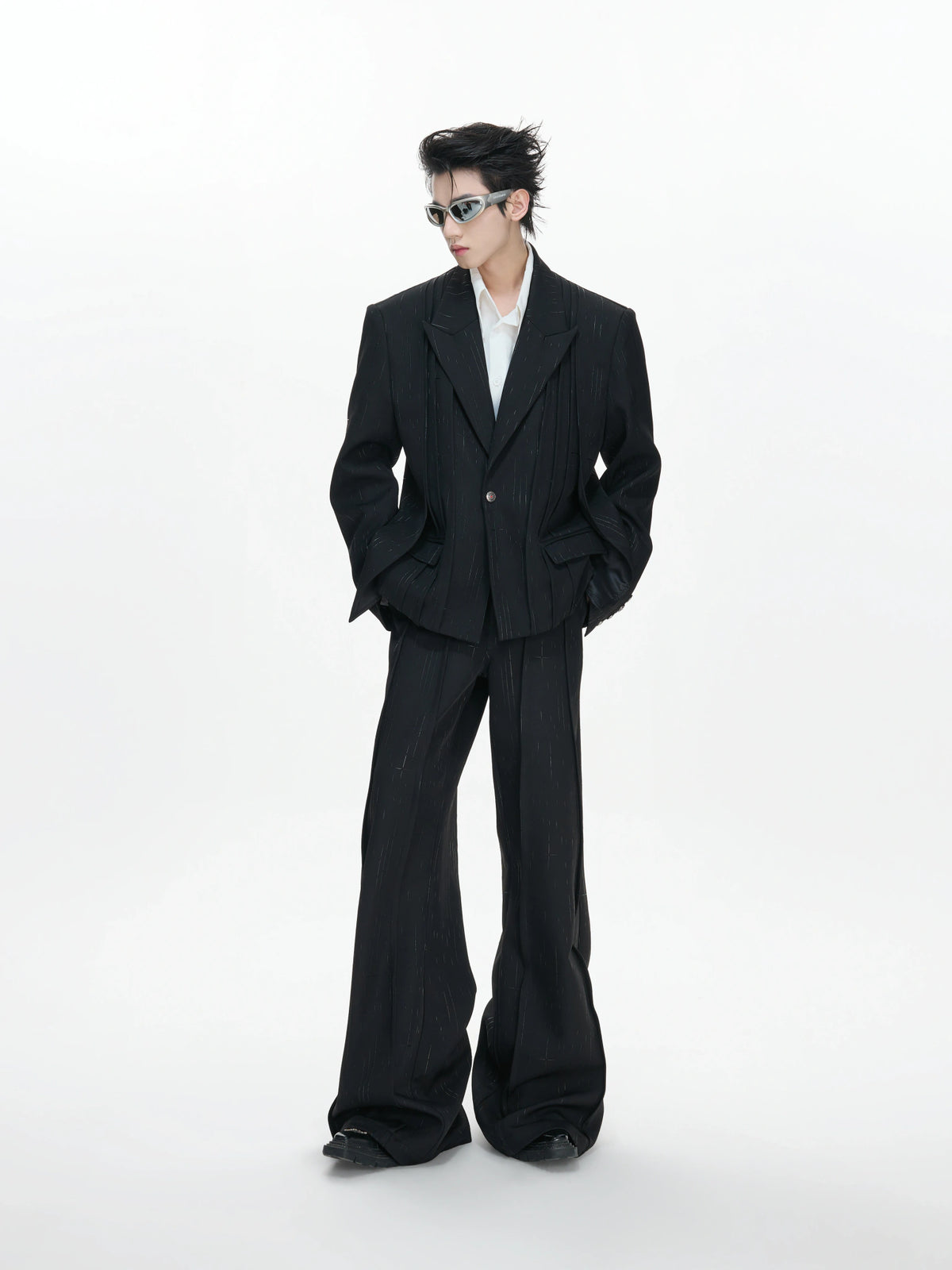 Black Pleated Blazer & Flare Pants Suit Set | Polyester - main image 1