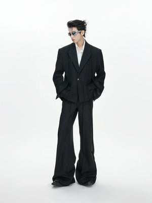 Black Pleated Blazer & Flare Pants Suit Set | Polyester - main image 1