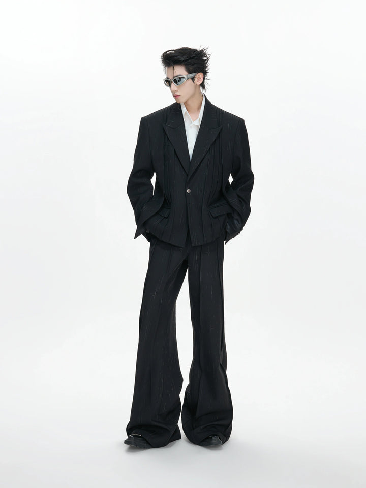 Black Pleated Blazer & Flare Pants Suit Set | Polyester - main image 1