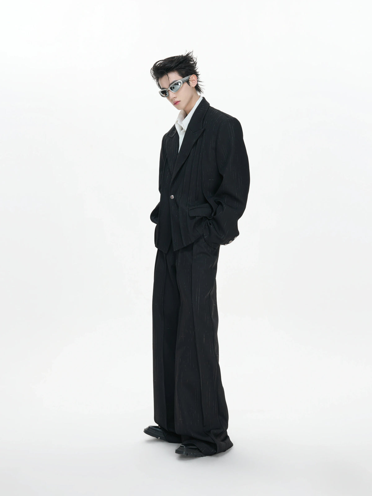 Black Pleated Blazer & Flare Pants Suit Set | Polyester - main image 2
