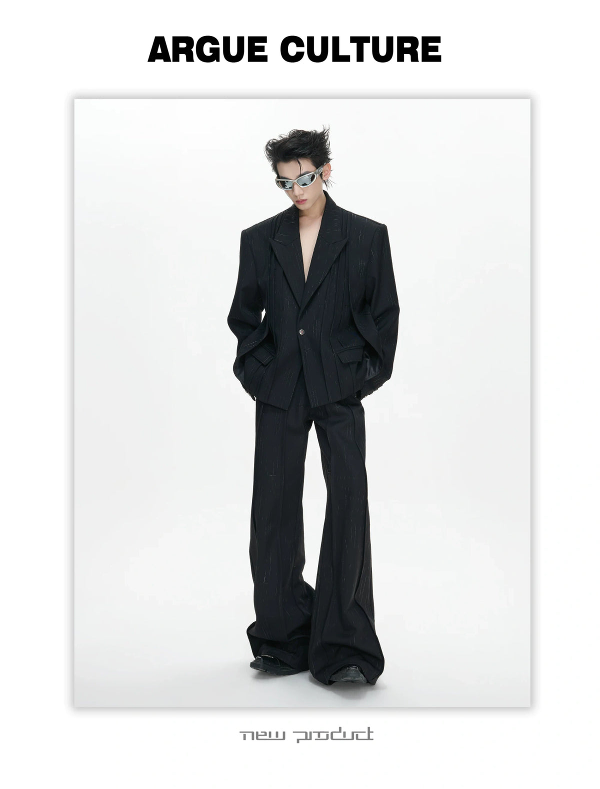 Black Pleated Blazer & Flare Pants Suit Set | Polyester - detail image 11