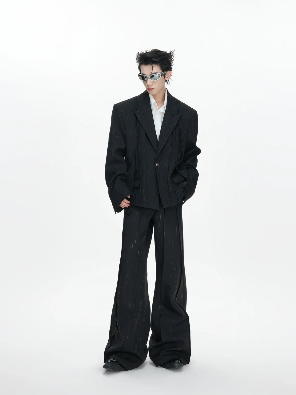 Black Pleated Blazer & Flare Pants Suit Set | Polyester - main image 3