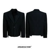 Black Pleated Blazer & Flare Pants Suit Set | Polyester - Black Top