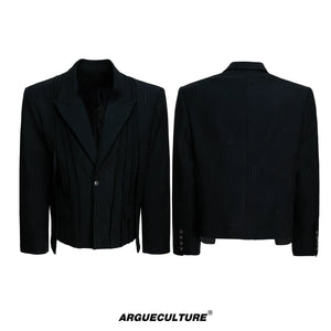 Black Pleated Blazer & Flare Pants Suit Set | Polyester - Black Top