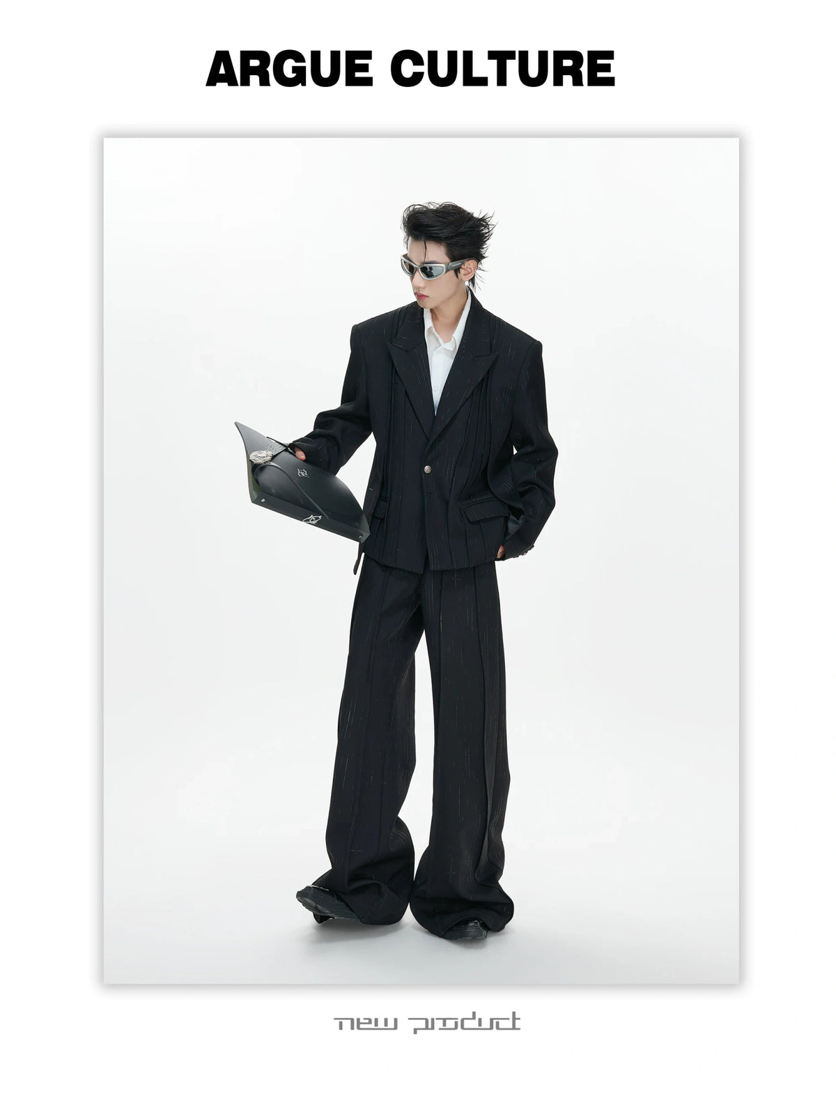 Black Pleated Blazer & Flare Pants Suit Set | Polyester - detail image 12