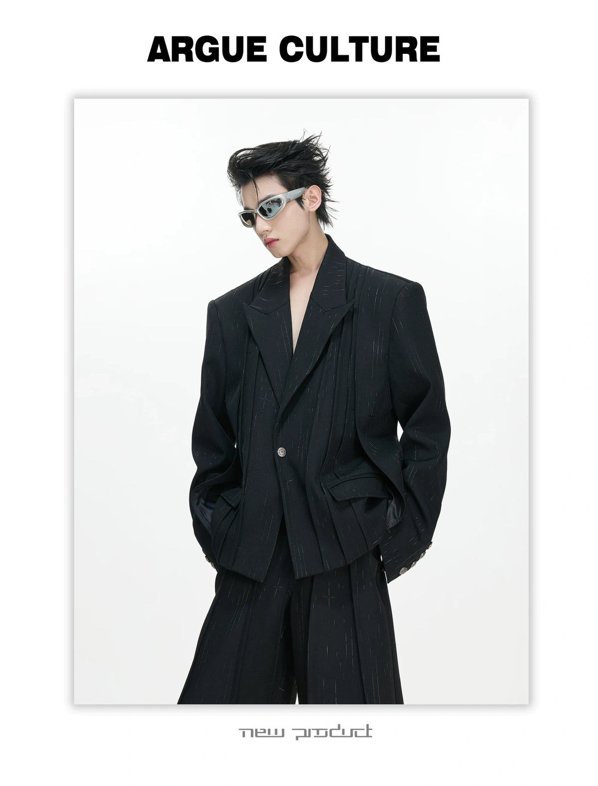 Black Pleated Blazer & Flare Pants Suit Set | Polyester - detail image 19