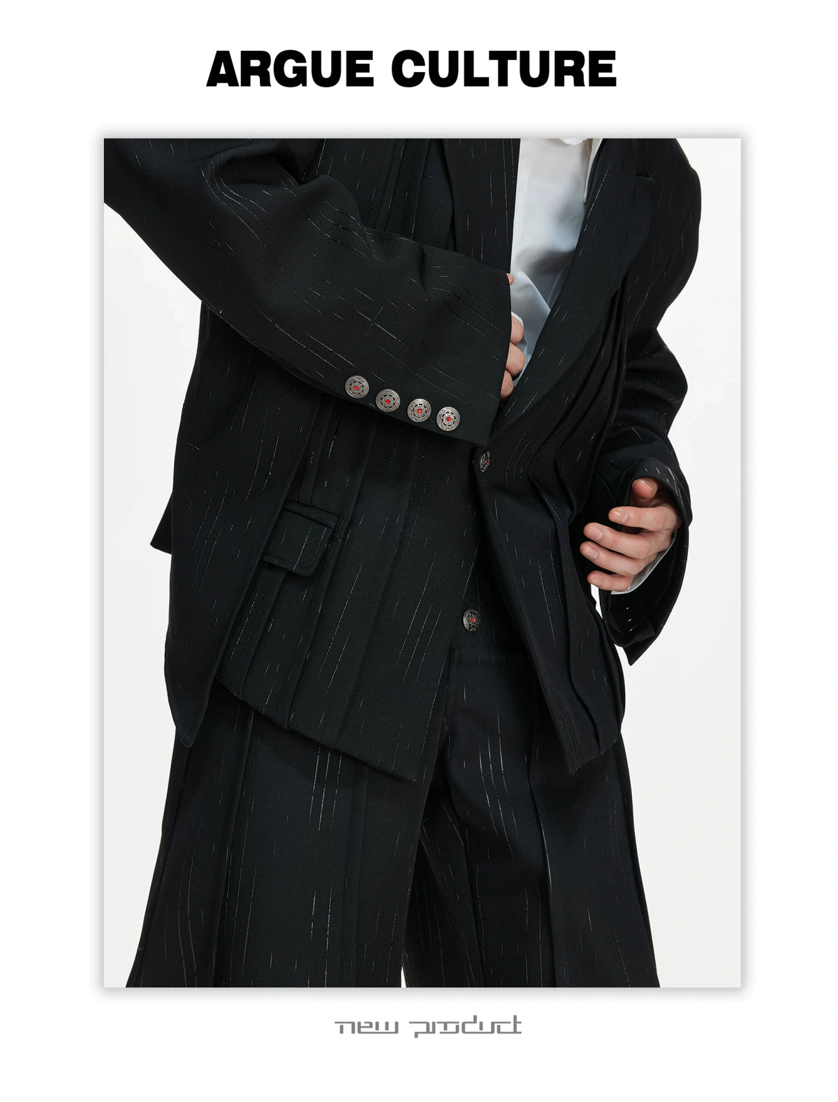 Black Pleated Blazer & Flare Pants Suit Set | Polyester - detail image 15