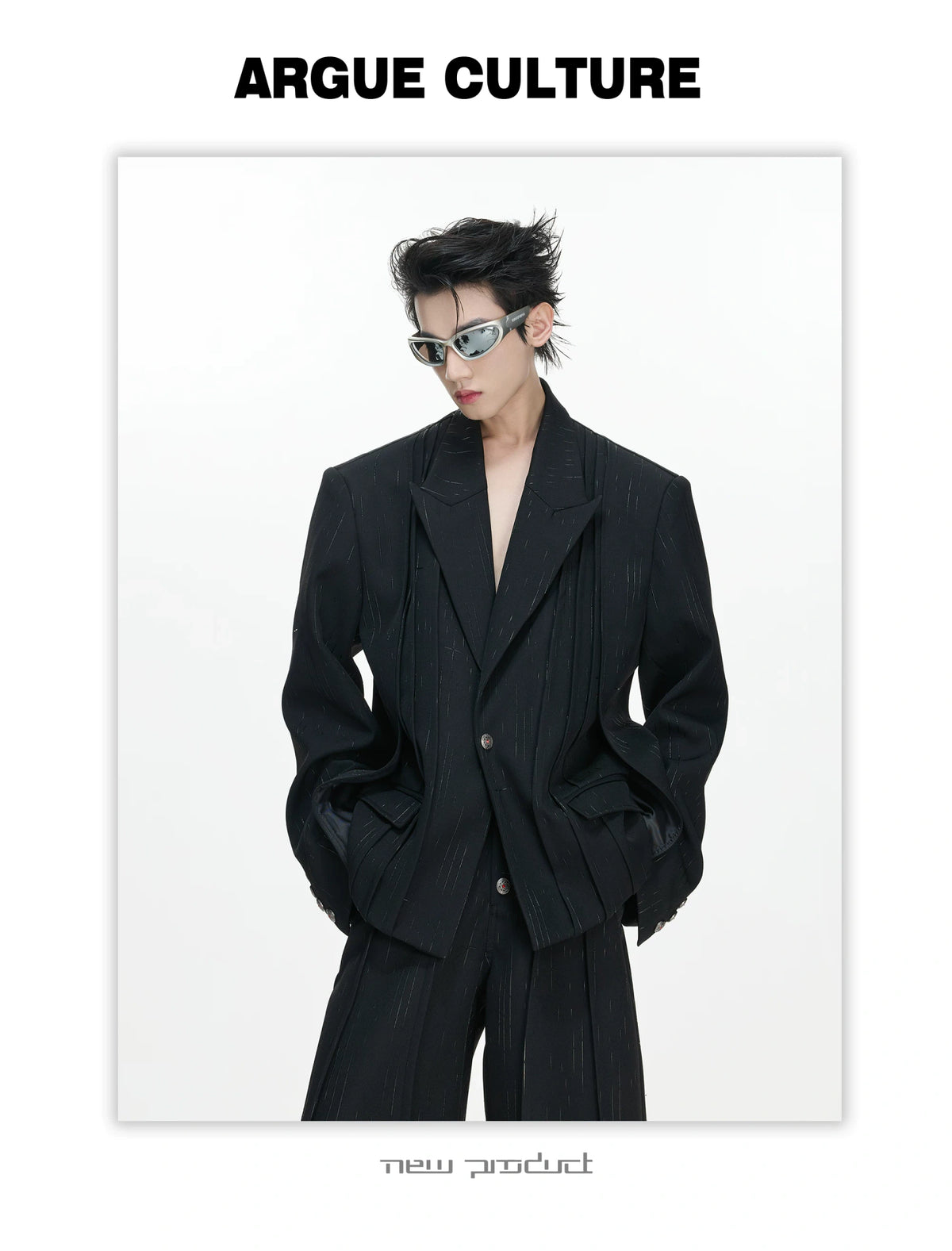 Black Pleated Blazer & Flare Pants Suit Set | Polyester - detail image 17