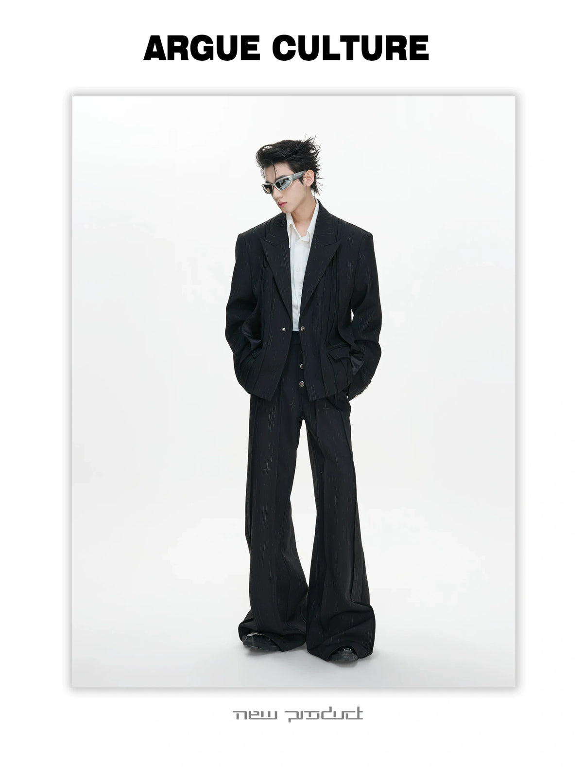 Black Pleated Blazer & Flare Pants Suit Set | Polyester - detail image 3