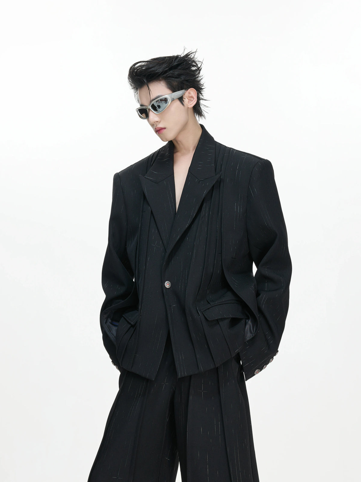 Black Pleated Blazer & Flare Pants Suit Set | Polyester - main image 4
