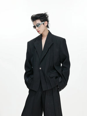 Black Pleated Blazer & Flare Pants Suit Set | Polyester - main image 4