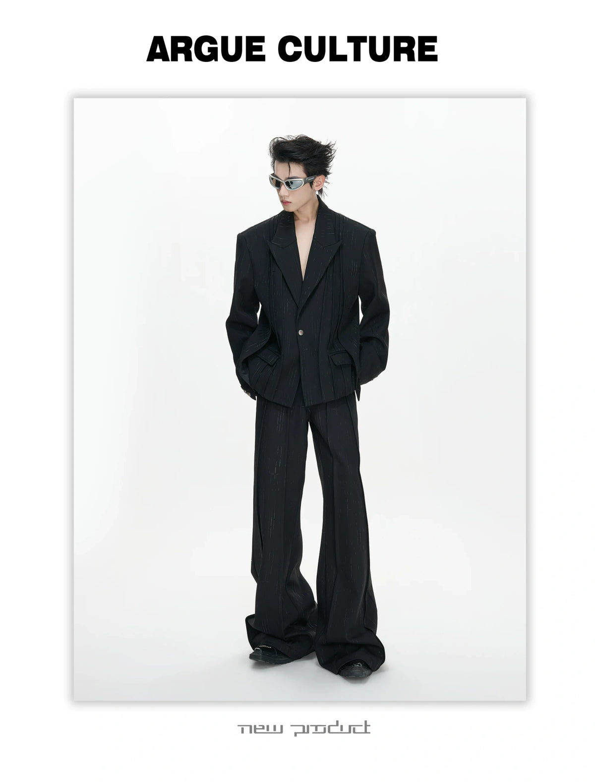 Black Pleated Blazer & Flare Pants Suit Set | Polyester - detail image 10