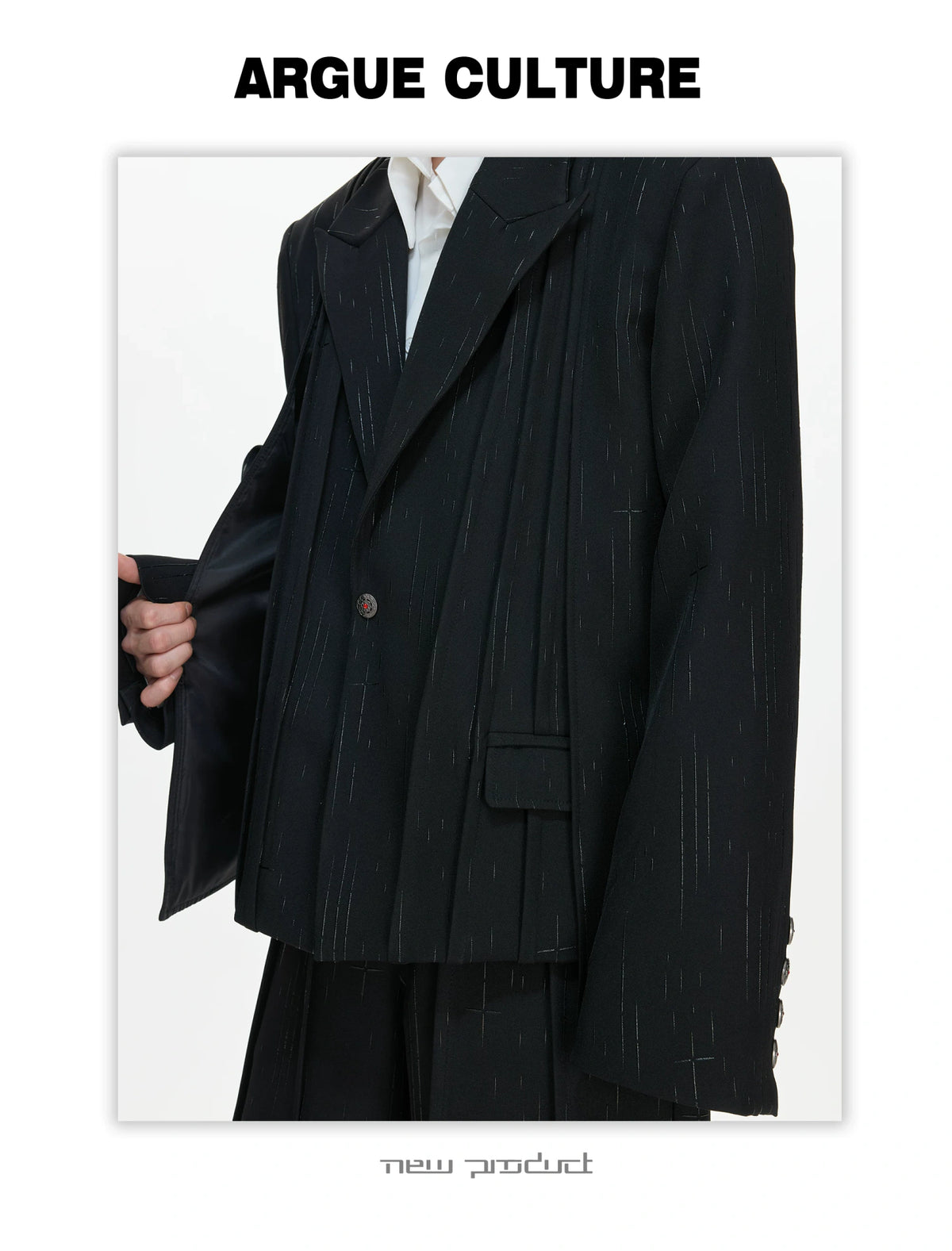 Black Pleated Blazer & Flare Pants Suit Set | Polyester - detail image 16