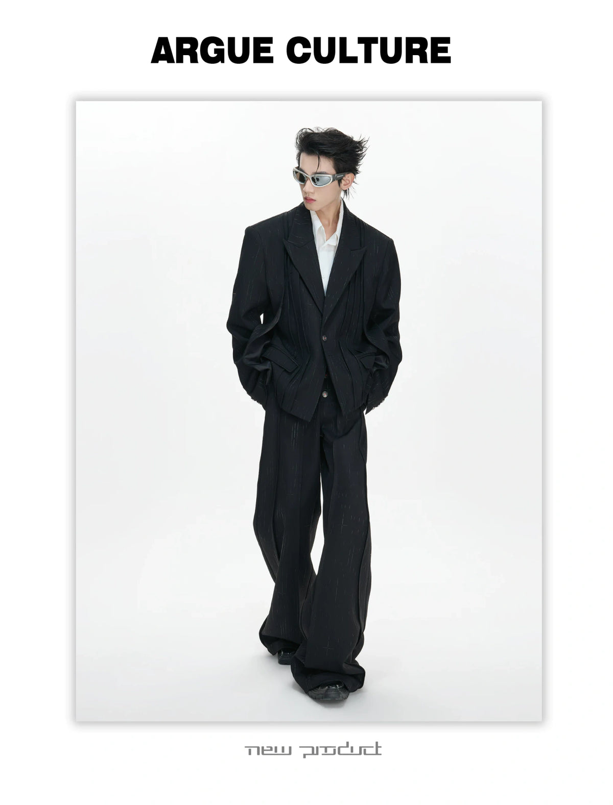 Black Pleated Blazer & Flare Pants Suit Set | Polyester - detail image 13