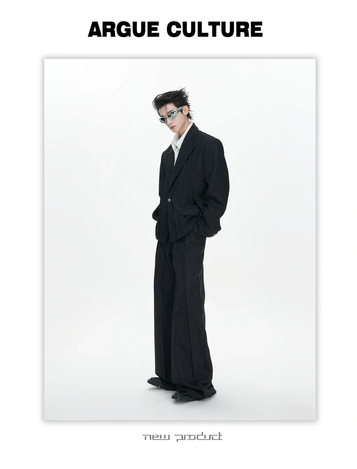 Black Pleated Blazer & Flare Pants Suit Set | Polyester - detail image 14