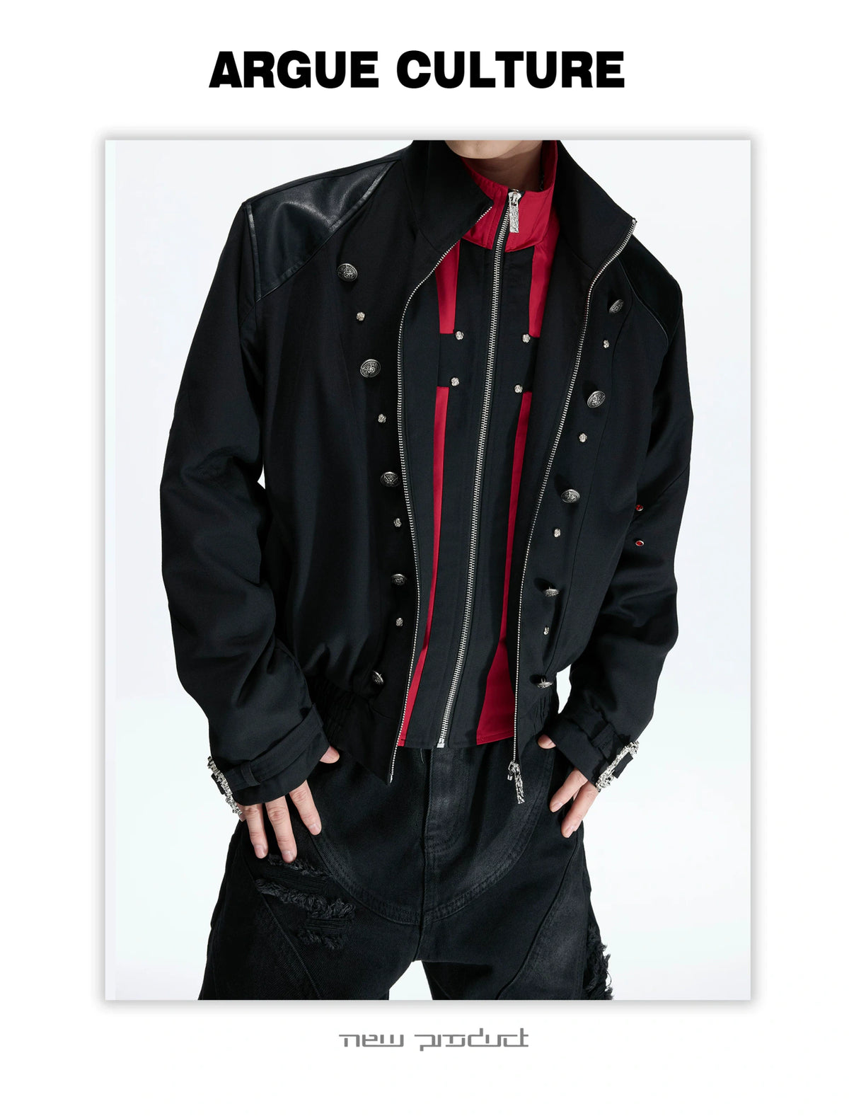 Black-Red Cross Boxy Cropped Stand-Collar Street Jacket - detail image 10