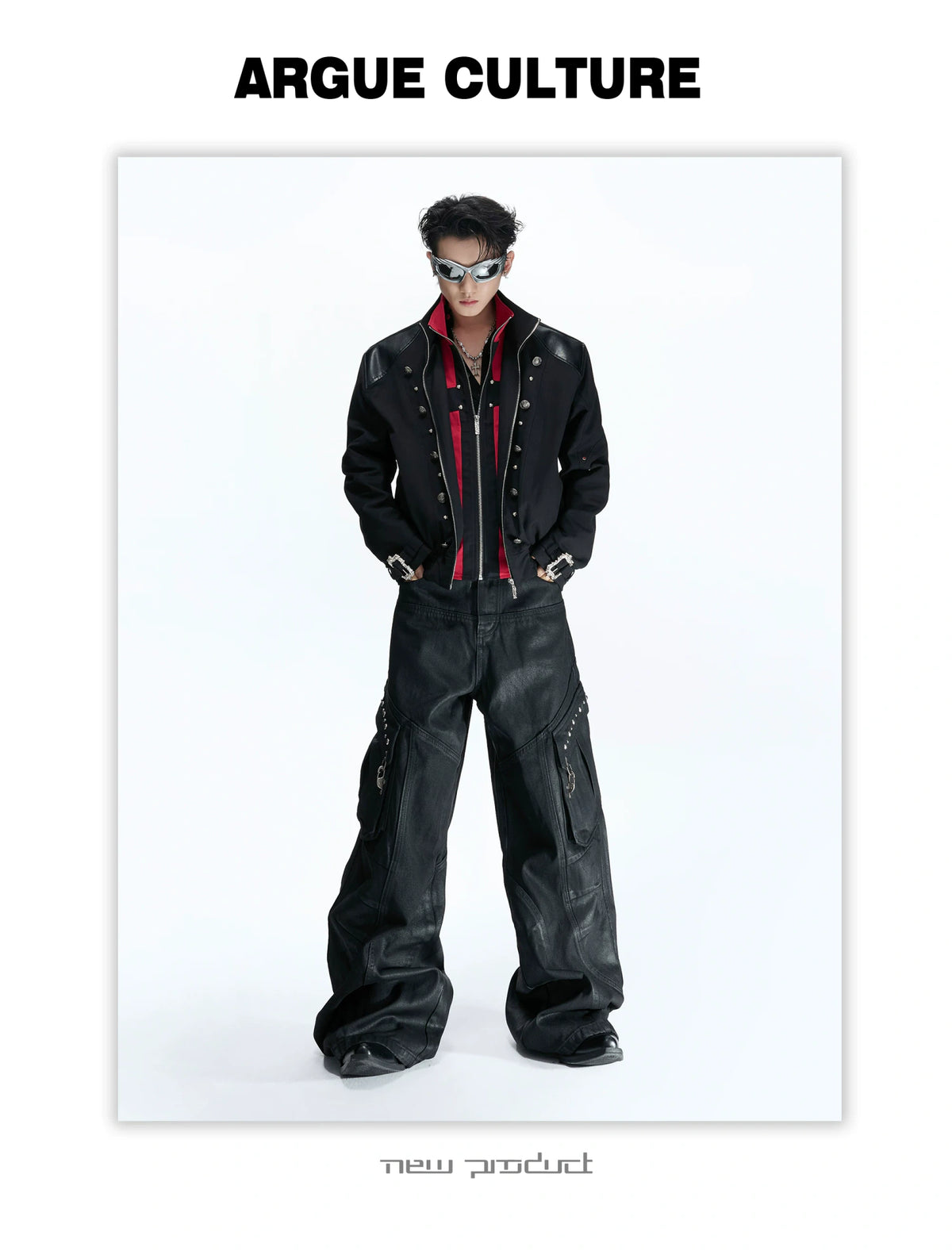 Black-Red Cross Boxy Cropped Stand-Collar Street Jacket - detail image 15