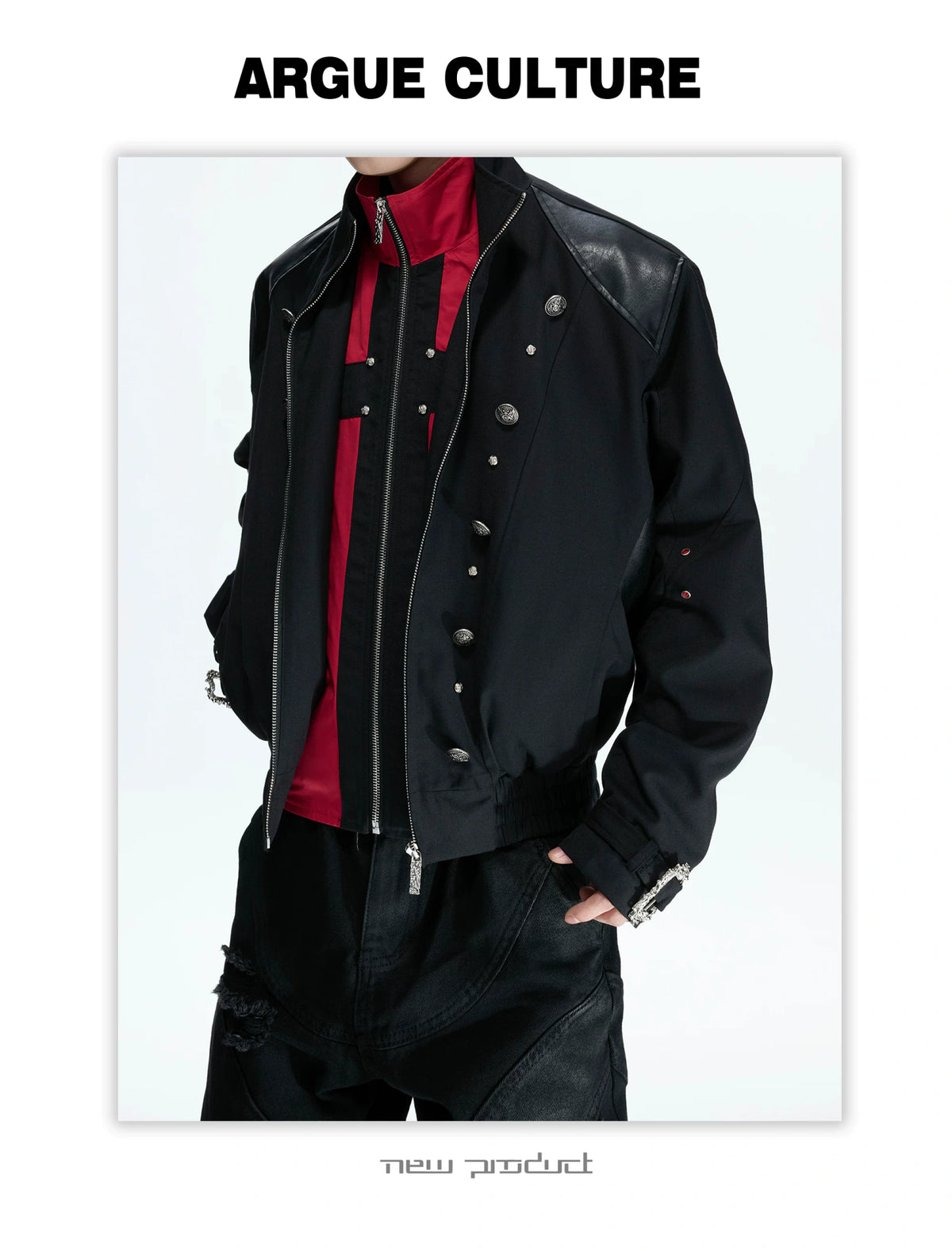 Black-Red Cross Boxy Cropped Stand-Collar Street Jacket - detail image 7
