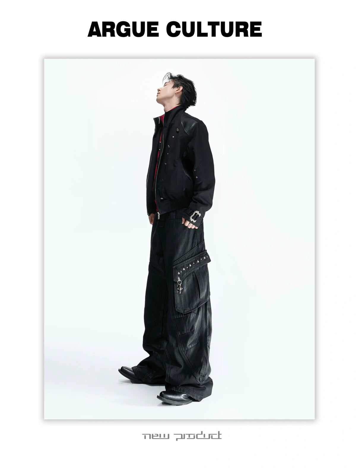 Black-Red Cross Boxy Cropped Stand-Collar Street Jacket - detail image 5