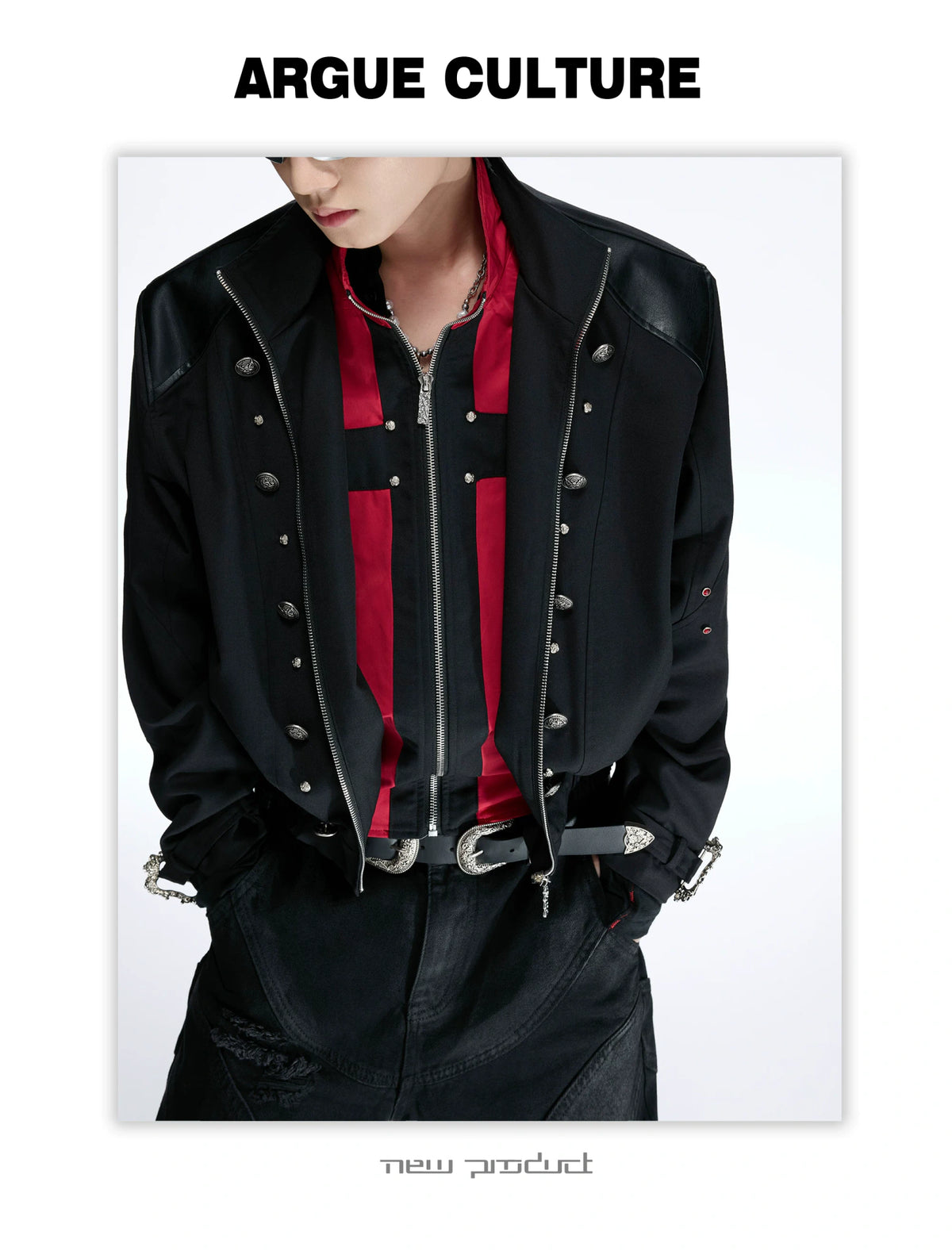Black-Red Cross Boxy Cropped Stand-Collar Street Jacket - detail image 8