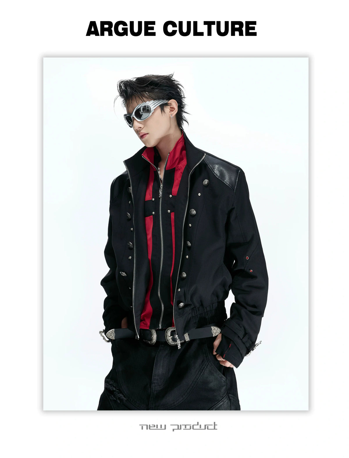 Black-Red Cross Boxy Cropped Stand-Collar Street Jacket - detail image 13