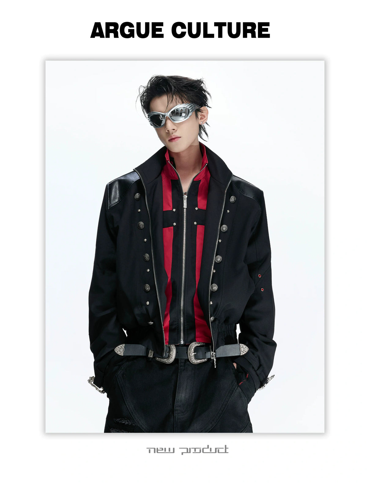 Black-Red Cross Boxy Cropped Stand-Collar Street Jacket - detail image 11